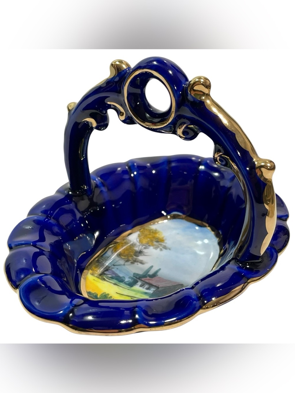 Vintage 1950s RB Alcobaca Portugal Baroque Cobalt Blue Porcelain Basket